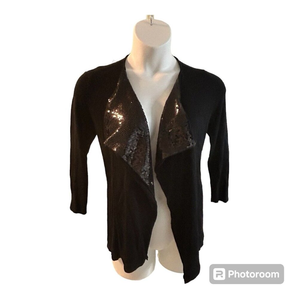 Black Sequin Open Front Cardigan 3/4 Sleeve Small Belldini Fancy Lightweight